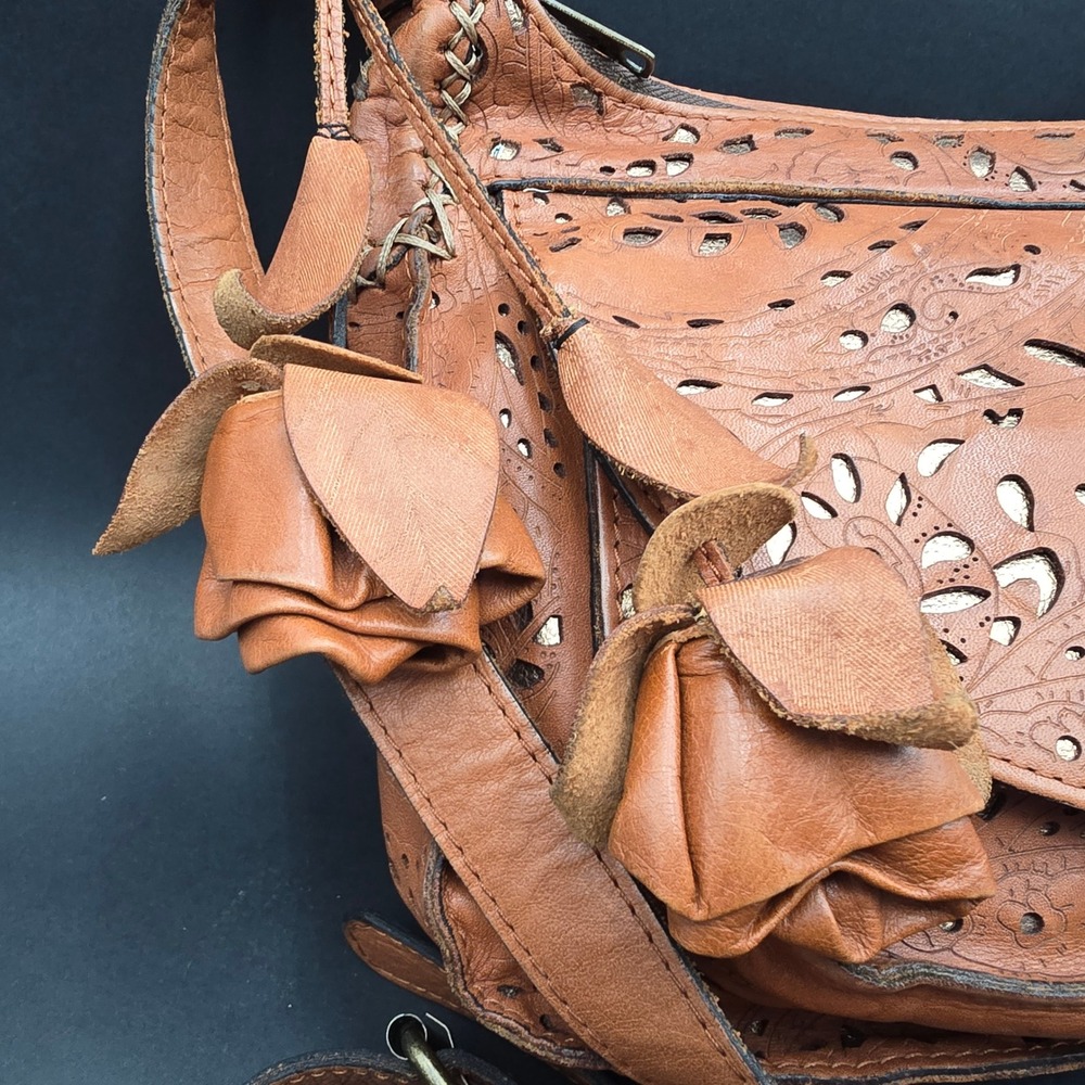 Patricia Nash Tan Leather Laser Cut Floral Crossbody Bag with Rose Charms